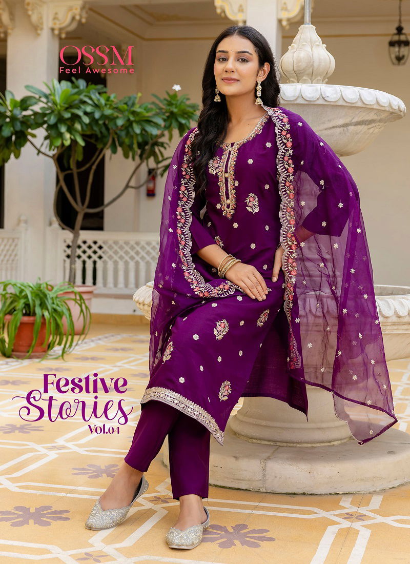 Festive Stories Vol 04 By Ossm Embroidery Roman Silk Readymade Suits Suppliers In India Catalog