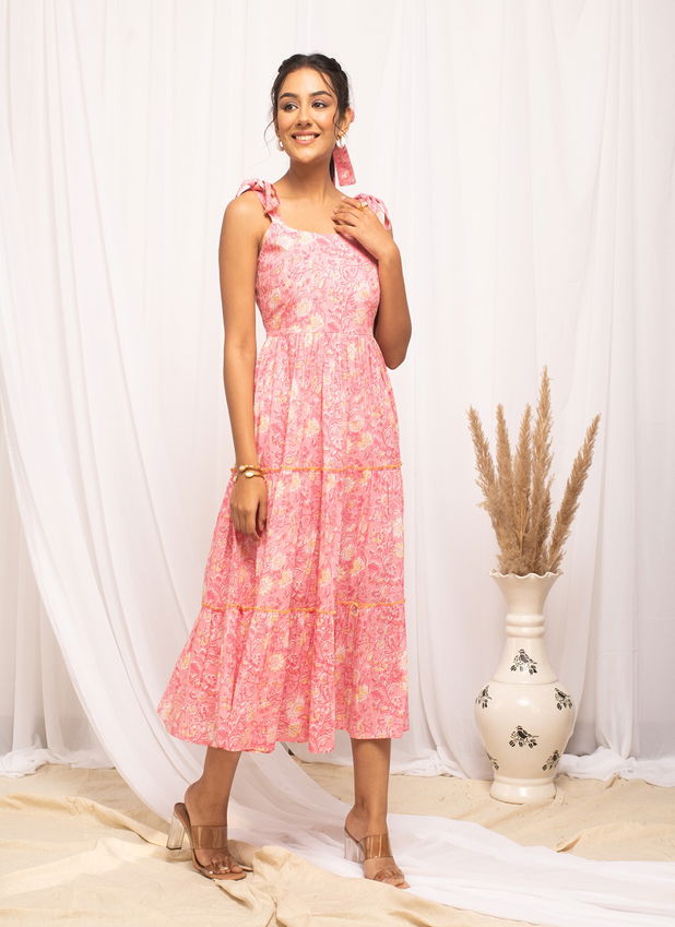 Fiorra DR0003 Peach Cotton Printed Ladies One Piece Western Dress Wholesale Online