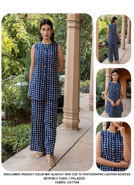 SET0195 Ladies Casual Wear Blue Printed Cotton Cord Set Wholesale Online