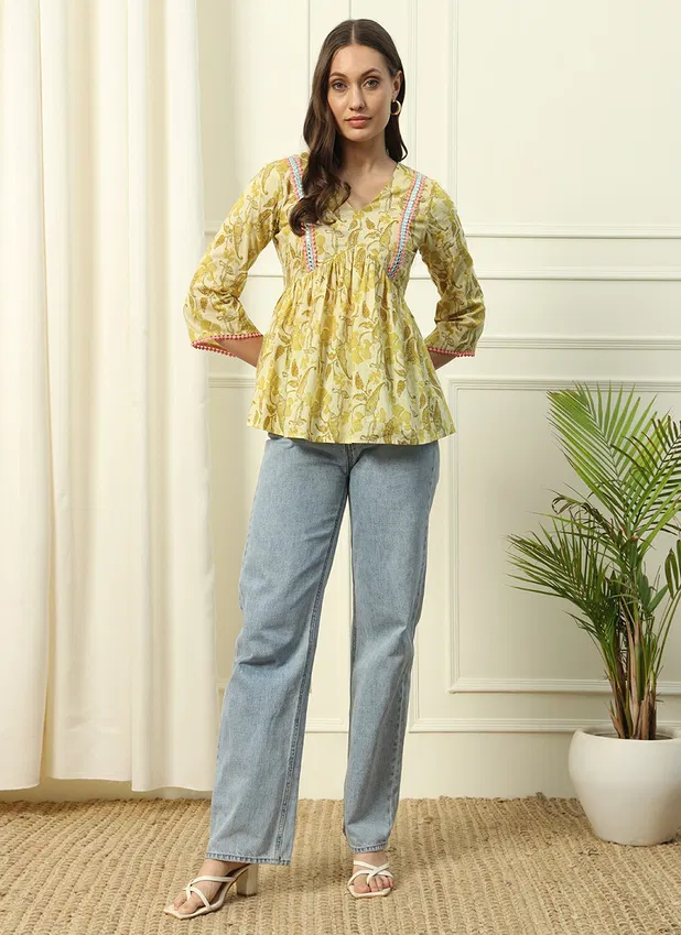 Fiorra TOP003 Yellow Printed Cotton Western Top Suppliers In India