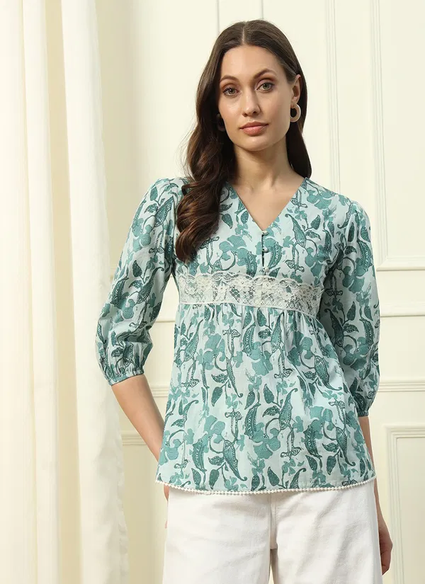 Fiorra TOP009 Sky Blue Printed Cotton Western Top Orders In India