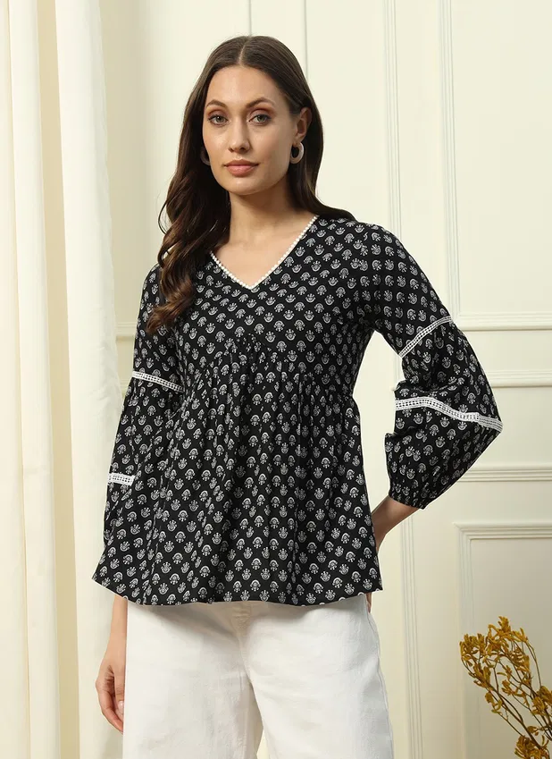 Fiorra TOP010 Black Printed Cotton Western Top Exporters In India