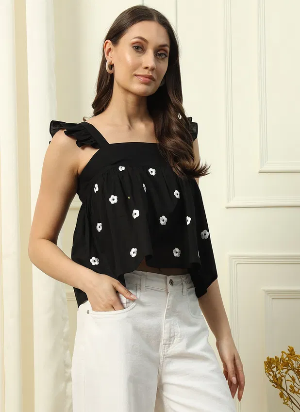 Fiorra TOP015 Black Solid Cotton Western Top Wholesale In India