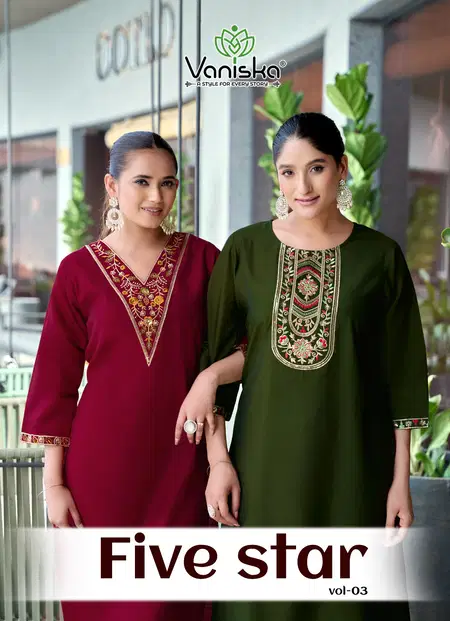 Five Star Vol 3 By Vaniska Vatican Silk Embroidery Online Long Kurtis Wholesale