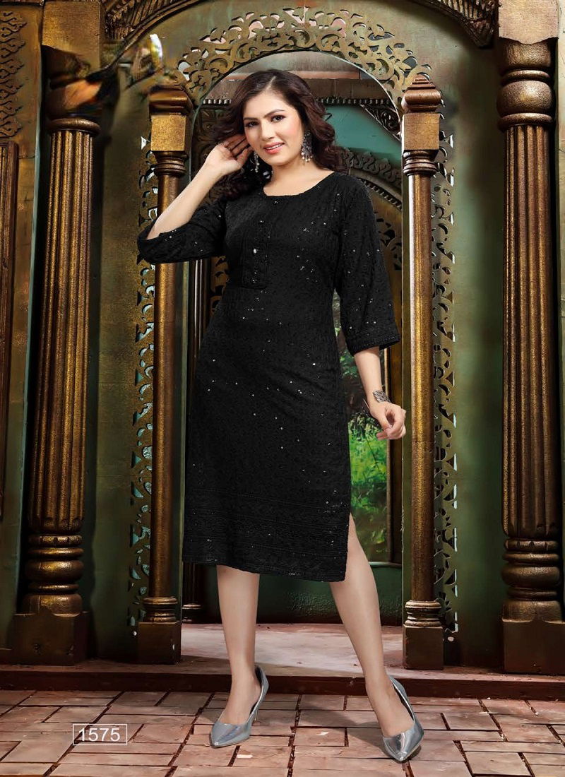 Casual American Crepe And Rasal Net Round-Neck 3/4 Length Sleeves Navy Blue  Kurti | gintaa.com