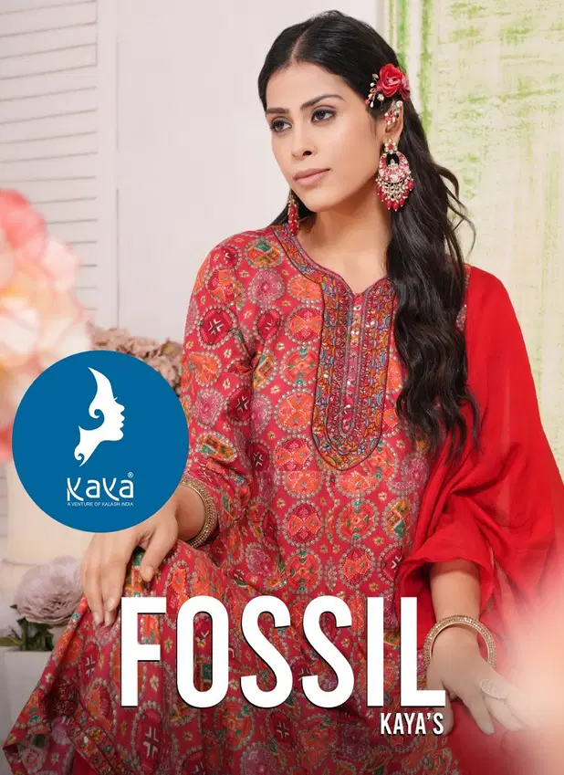 Fossil By Kaya Rayon Foil Printed Kurti With Bottom Dupatta Online Wholesale