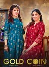 Ft Gold Coin Latest Designer Party Wear rayon Long Printed Rayon Kurtis Collection
