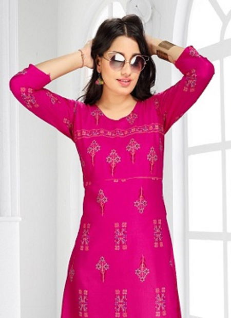 Ft Jaya Rayon Latest Fancy Designer Casual Ethnic Wear Gold Printed Long Kurtis Collection
 Catalog