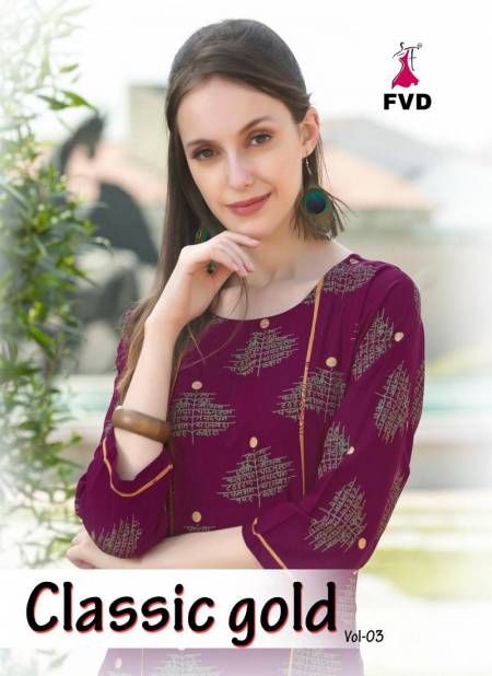 FVD Gold Vol-3 Latest Designer Fancy Heavy Ethnic Wear Poli Rayon Foil Print Kurtis With Bottom Collection Catalog