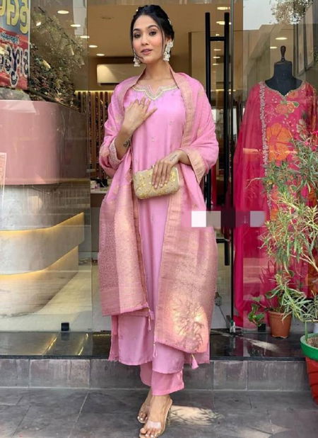 FVD Light Pink Romani Silk Embroidery Kurti With Bottom Dupatta Wholesale Shop In Surat Catalog