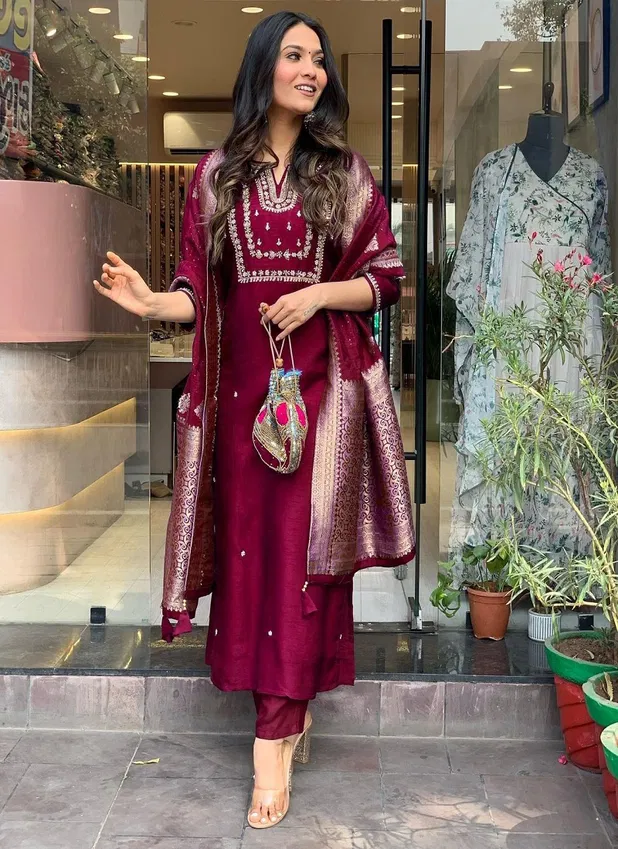 FVD Maroon Roman Silk Kurti With Bottom Dupatta Exporters In India