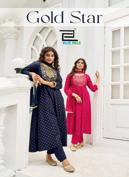 Gold Star By Blue Hills Rayon Embroidery Kurti With Bottom Dupatta Orders In India

