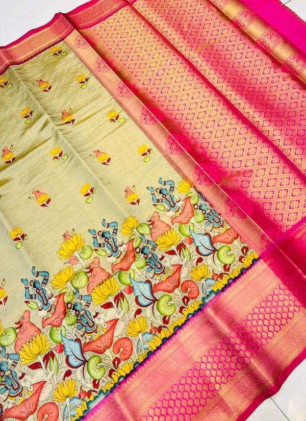 Golden kalamkari tissue Silk Vol 2 Printed Non Catalog Saree Wholesale Online