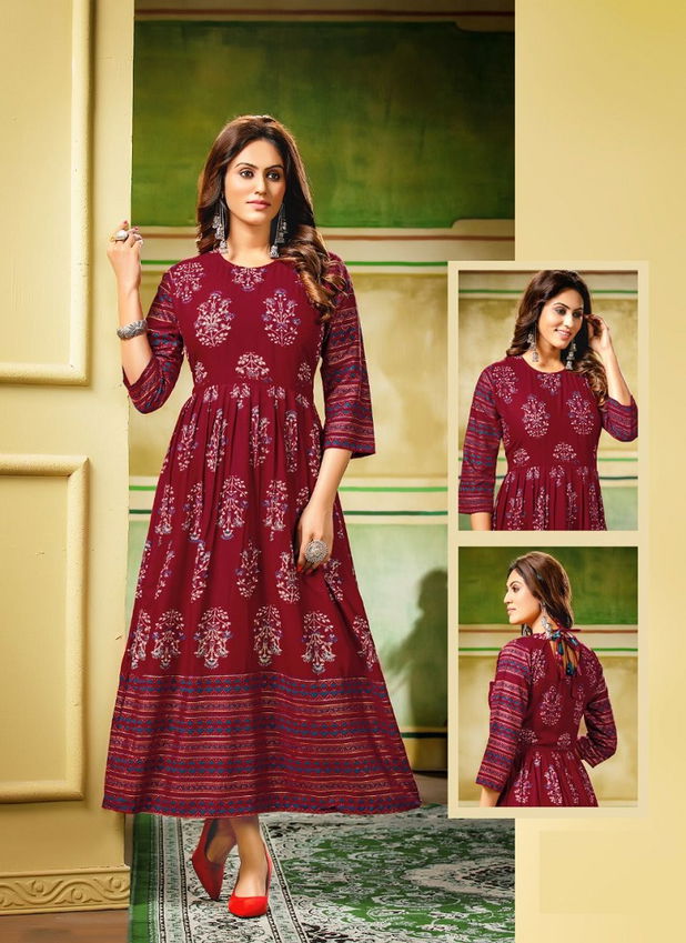 Golden Look New Fancy Wear Heavy Rayon  Anarkali Long Kurti Collection