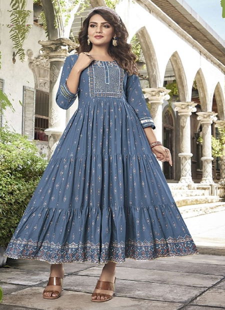 Groom 4 Rayon Printed Designer Festive Wear Fancy Anarkali Kurti Collection Catalog