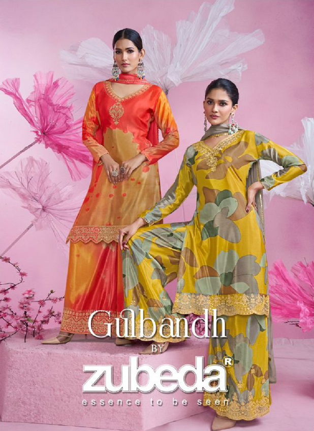 Gulbandh By Zubeda Chinon Silk Printed Readymade Suits Exporters In India