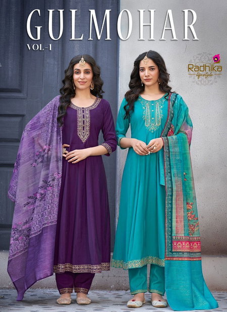 Gulmohar Vol 1 By Radhika Roman Silk Long Anarkali Kurtis With Bottom Dupatta Wholesale Shop In Surat