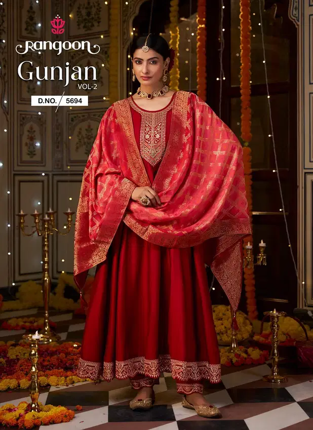 Gunjan Vol 2 By Rangoon Silk Embroidery Anarkali Readymade Suits Wholesale Shop In Surat