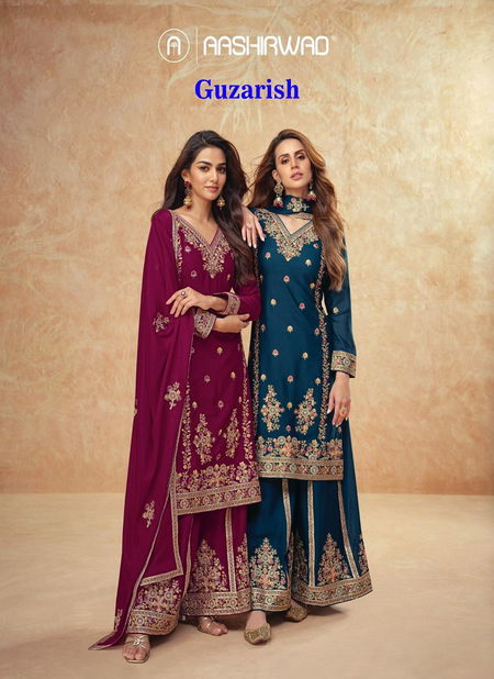 Guzarish By Aashirwad Designer Chinnon Silk Readymade Suits Orders In India Catalog