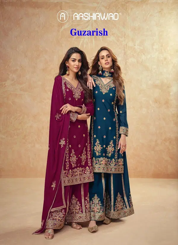 Guzarish By Aashirwad Designer Chinnon Silk Readymade Suits Orders In India