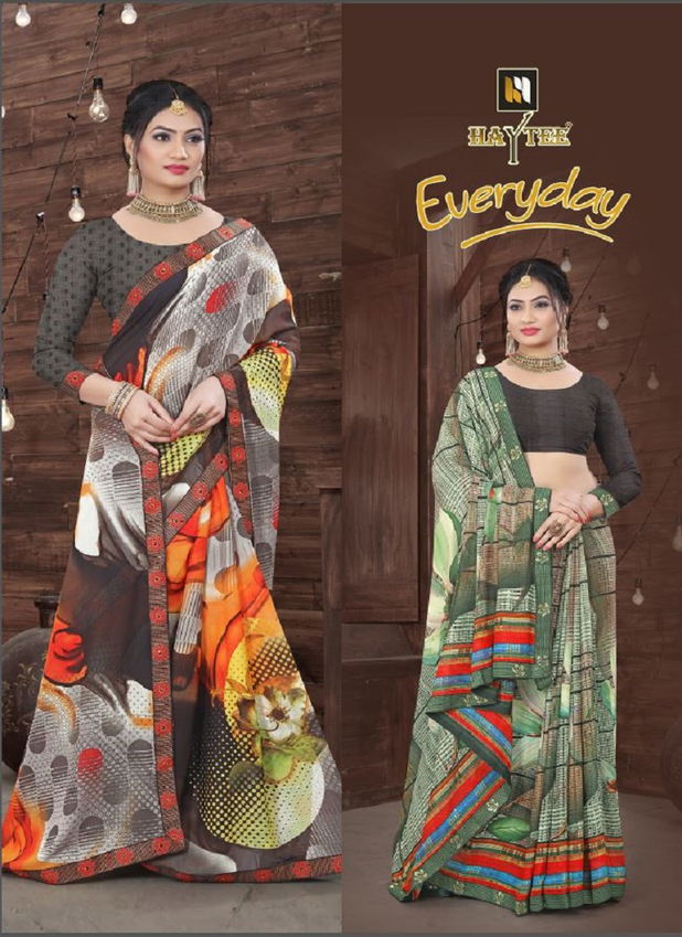 Haytee Everyday Latest Daily Wear Fancy Printed Bordered Saree Collection
