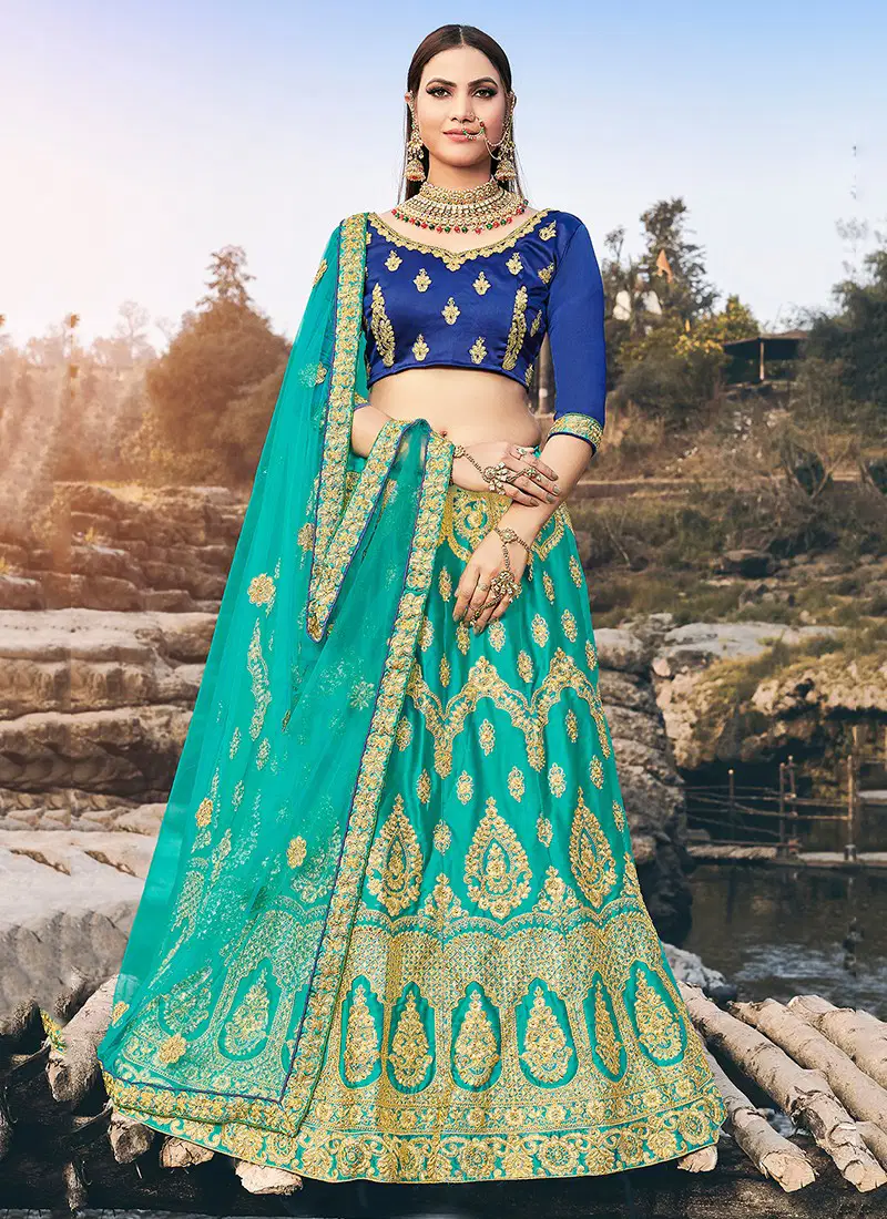 Heavy Designer Bridal Satin Silk With Net Dupatta Embroidery Work Lehenga Choli Collection  