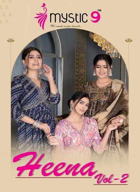 Heena Vol 2 By Mystic 9 Rayon Printed Embroidery Kurti With Bottom Dupatta Wholesale Shop In Surat