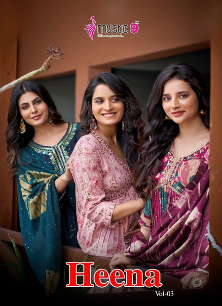 Heena Vol 3 By Mystic 9 Rayon Printed Embroidery Kurti With Bottom Dupatta Wholesale Shop In Surat
