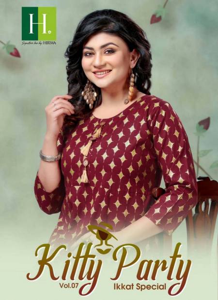Hirwa Kitty Party 7.3 Latest Fancy Designer Casual Wear Ikkat Print Pure Cambric Cotton Flair Kurti Collection
 Catalog