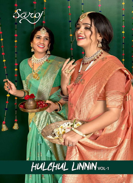 Hulchul Linen Vol 1 By Saroj Pure Slub Linen Designer Sarees Wholesale Shop In Surat
