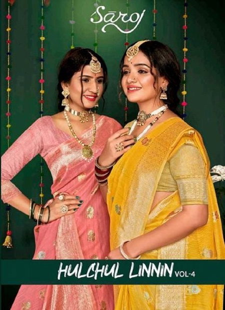 Hulchul Linen Vol 4 By Saroj Pure Slub Linen Designer Sarees Wholesale Market In Surat
