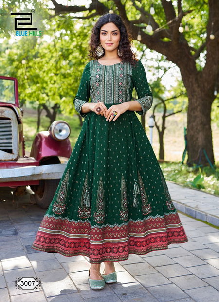 Inaya Vol 3 By Blue Hills Rayon Foil Printed Long Kurti Wholesale Shop in Surat

