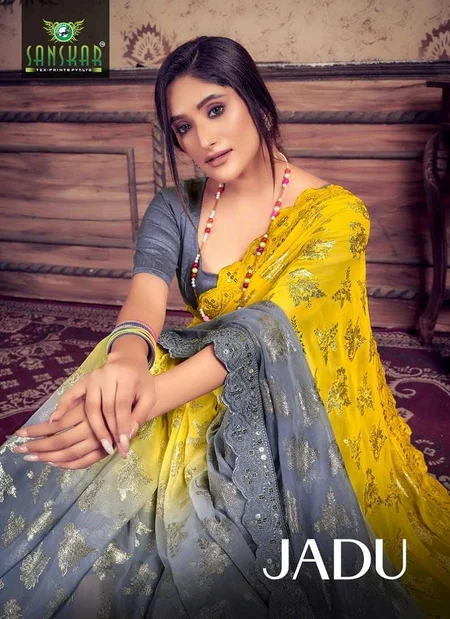 Jadu By Sanskar Georgette Weaving Pettern Sequence Mirror Embroidery Work Saree Wholesale In India