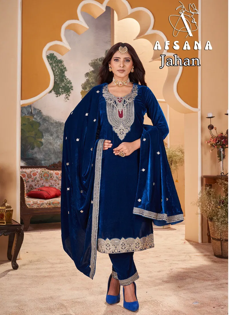 Jahan By Afsana Embroidery Winter Wear Velvet Readymade Suit Wholesalers In Surat Catalog