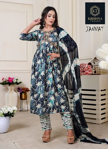 Jannat Vol 1 By Krishna Alia Cut Rayon Printed  Kurti With Bottom Dupatta Wholesale Online
