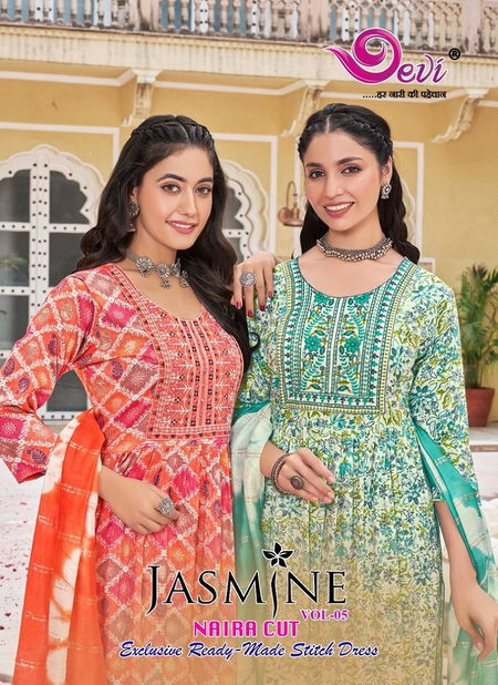 Jasmine Vol 5 By Devi Naira Cut Rayon Printed Kurti With Bottom Dupatta Wholesale Market In  Surat Catalog