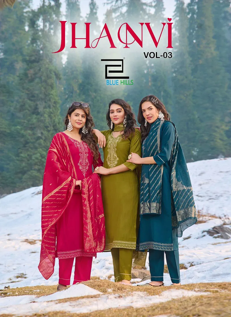 Jhanvi Vol 3 By Blue Hills Roman Silk Kurti With Bottom Dupatta Wholesale In India Catalog