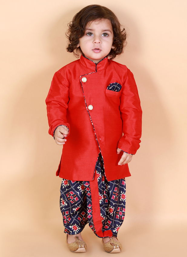 K21SDB164RD Kid1 Festive Sherwani With Pattola Print Wholesale Dhoti Collection