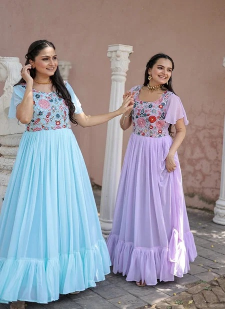 KA 1055 Sequence Designer Georgette Gown Wholesale Market In Surat 