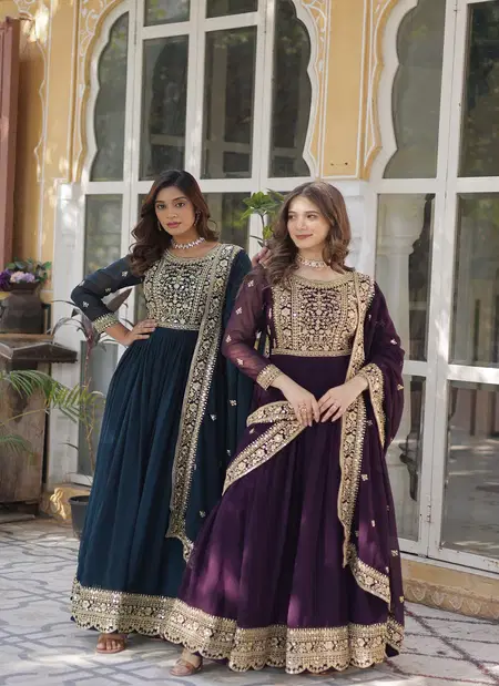 KA 1153 Faux Blooming Embroidery Designer Gown With Dupatta Wholesale Online