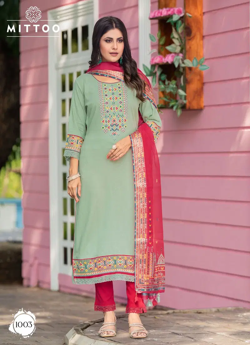 Kaaina By Mittoo Rayon Weaving Kurti With Bottom Dupatta Wholesale Market In Surat
 Catalog