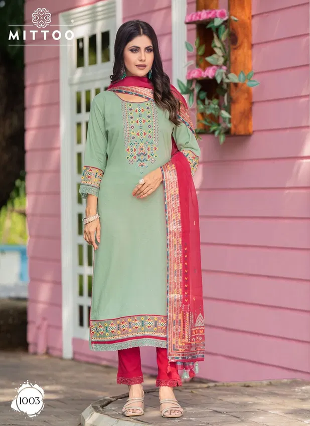 Kaaina By Mittoo Rayon Weaving Kurti With Bottom Dupatta Wholesale Market In Surat
