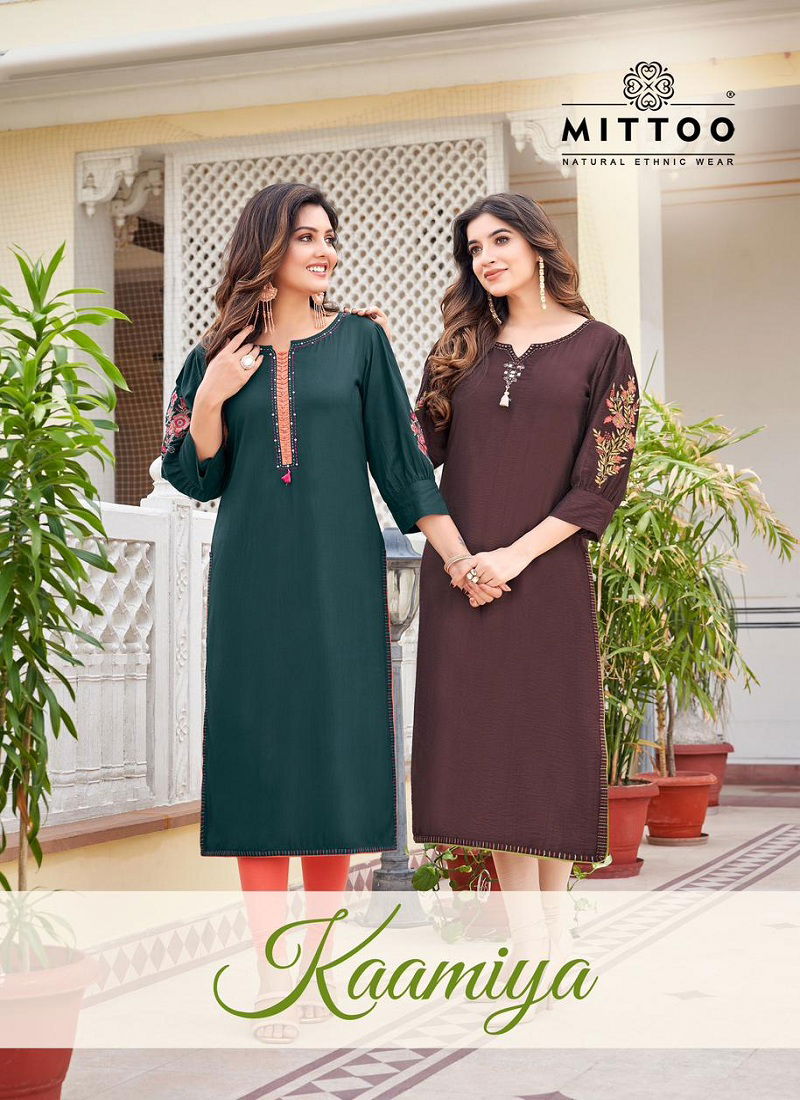 Kaamiya By Mittoo Rayon Embroidery Kurtis Wholesale Shop In Surat Catalog