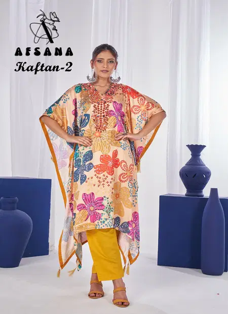 Kaftan 2 By Afsana Satin Digital Printed Kaftan Kurti With Bottom Wholesalers In Surat	 Catalog