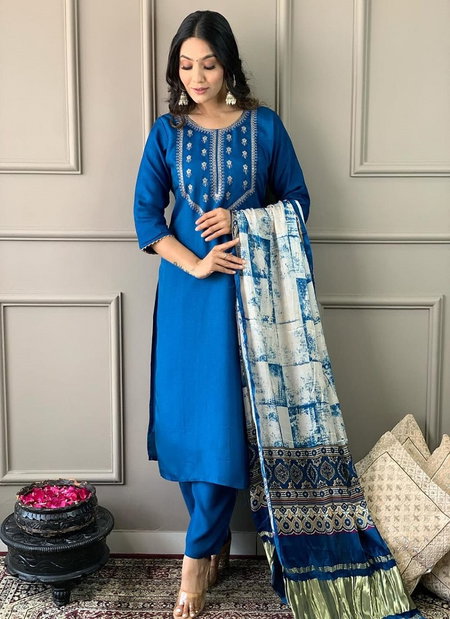 Kalaai Designer Blue Viscose Embroidery Kurti With Bottom Dupatta Wholesale Price In Surat
