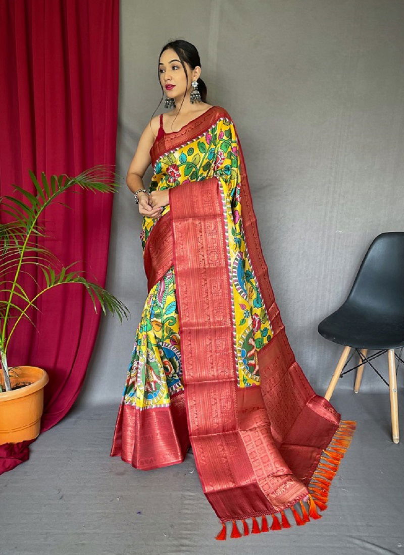 Kalamkari Gala Colors Kanchipuram Digital Printed Saree Collection