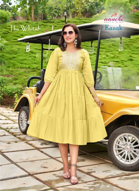 Kanak By Aanchi Roman Silk Flair Embroidery Kurti Wholesalers In Delhi
