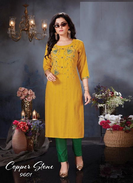 Kanasu Copper Stone Heavy Rayon Fancy Wear Kurti With Bottom Collection Catalog