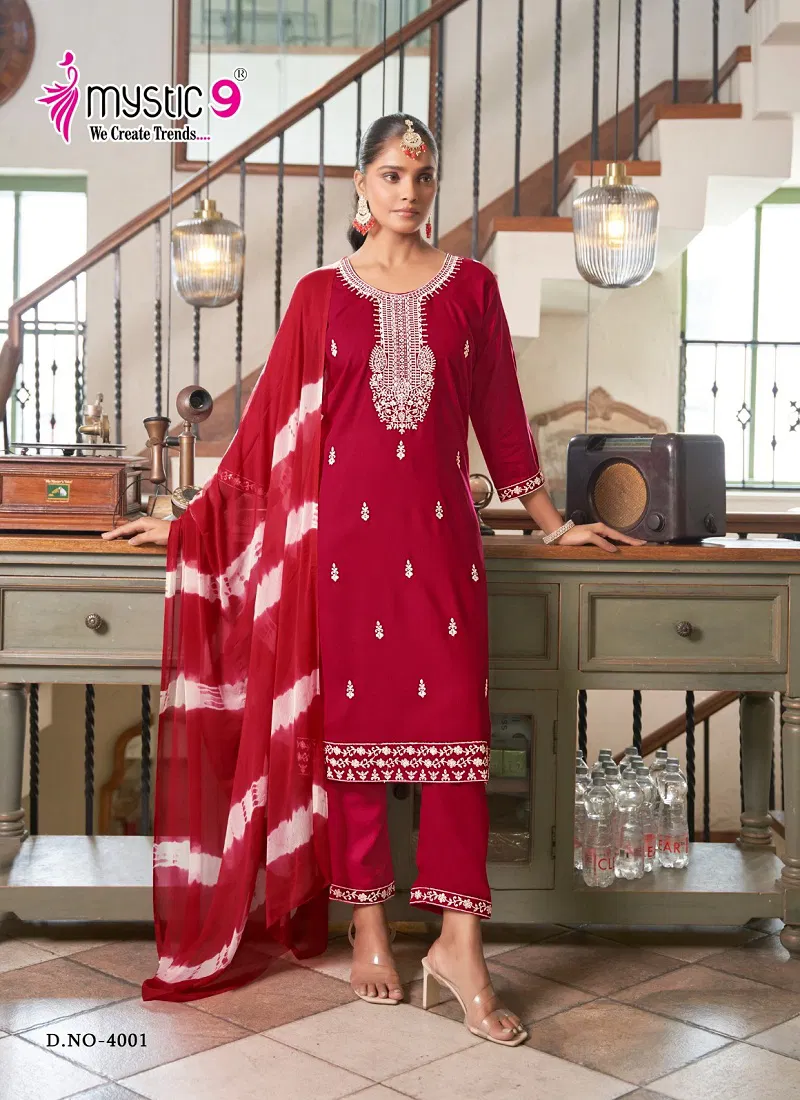 Karachi Vol 4 By Mystic 9 Rayon Embroidery Kurti With Bottom Dupatta Orders In India Catalog