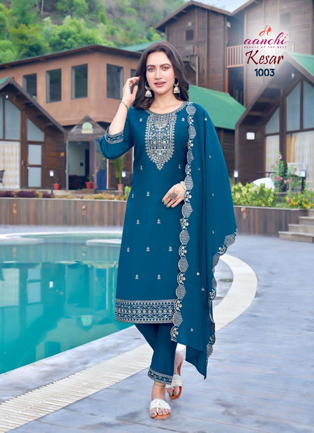 Kesar By Aanchi Roman Silk Embroidery Kurti With Bottom Dupatta Wholesale Shop In Surat
